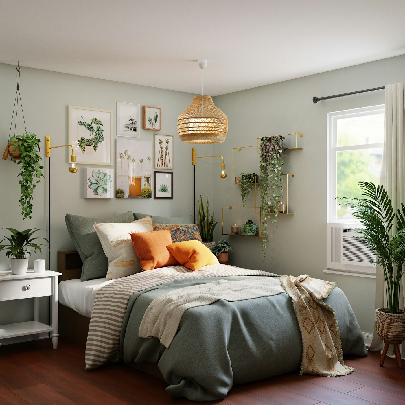 A bed with grey and orange cushions, a woven pendant light, and plants on a pale green wall